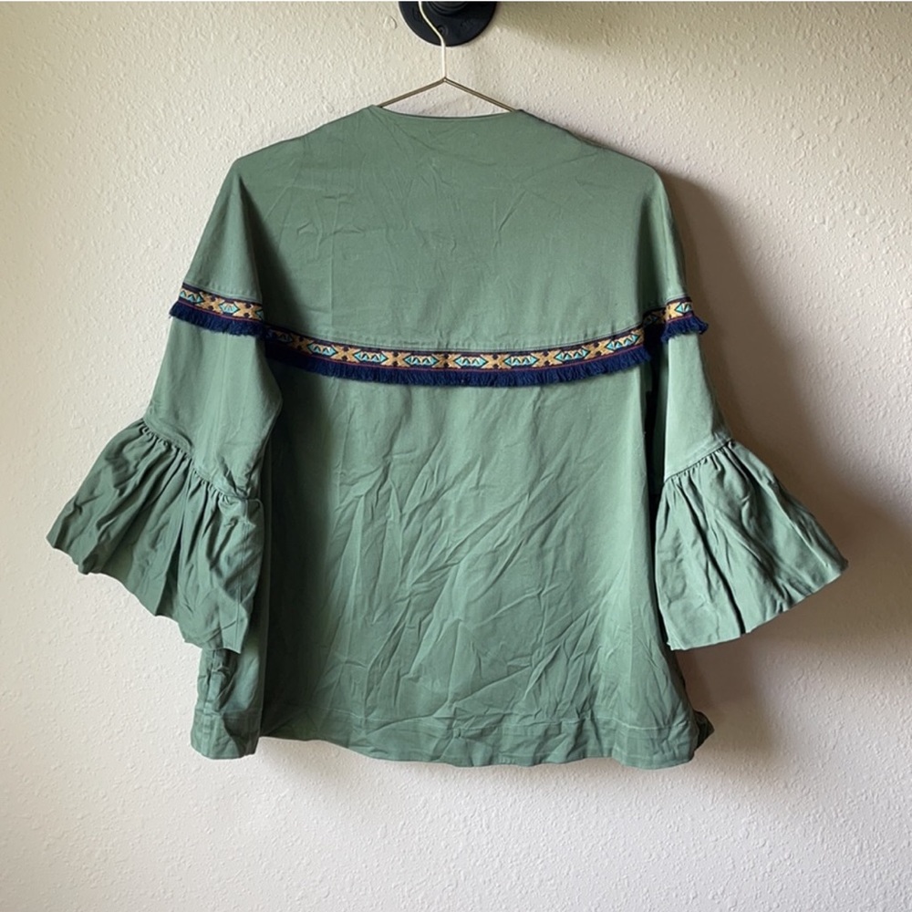 Zara Fringe Trim Bell Sleeve Oversized Green Jacket Size Small - Picture 6 of 8